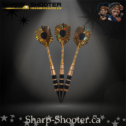 Mercenary soft-tip dart set featuring black plastic tips, gold-and-black textured barrels, and holographic fan-style flights photographed on a dramatic studio backdrop – Sharp Shooter Dart Supplies