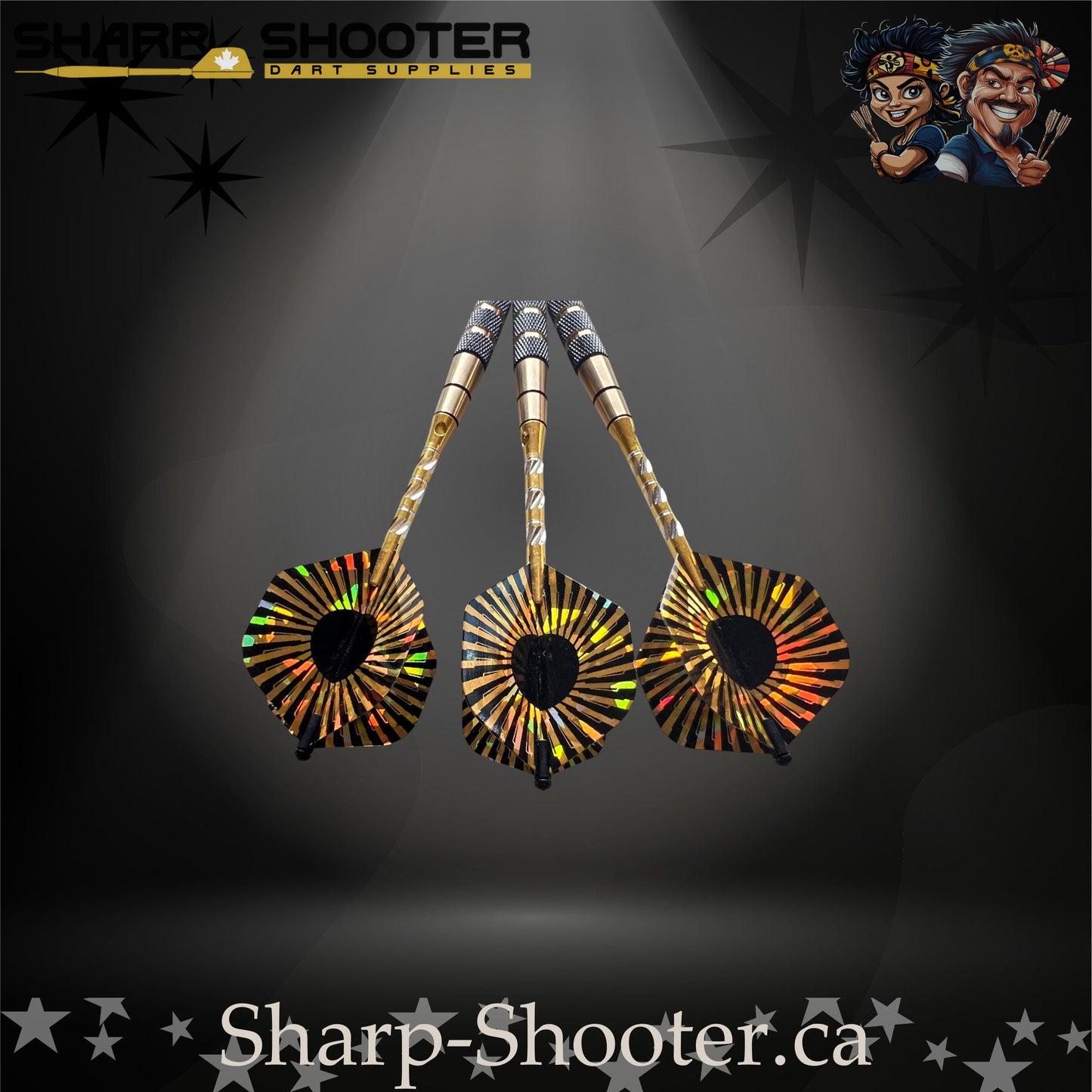 Mercenary soft-tip dart set featuring black plastic tips, gold-and-black textured barrels, and holographic fan-style flights photographed on a dramatic studio backdrop – Sharp Shooter Dart Supplies