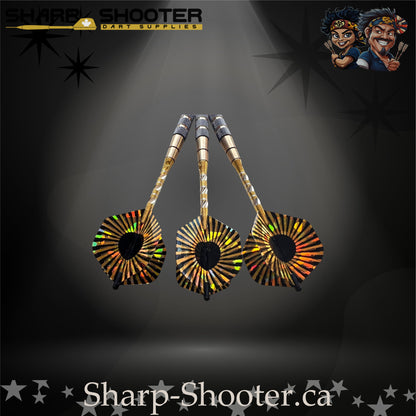 Mercenary soft-tip dart set featuring black plastic tips, gold-and-black textured barrels, and holographic fan-style flights photographed on a dramatic studio backdrop – Sharp Shooter Dart Supplies