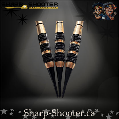 Mercenary soft-tip dart set featuring black plastic tips, gold-and-black textured barrels, and holographic fan-style flights photographed on a dramatic studio backdrop – Sharp Shooter Dart Supplies