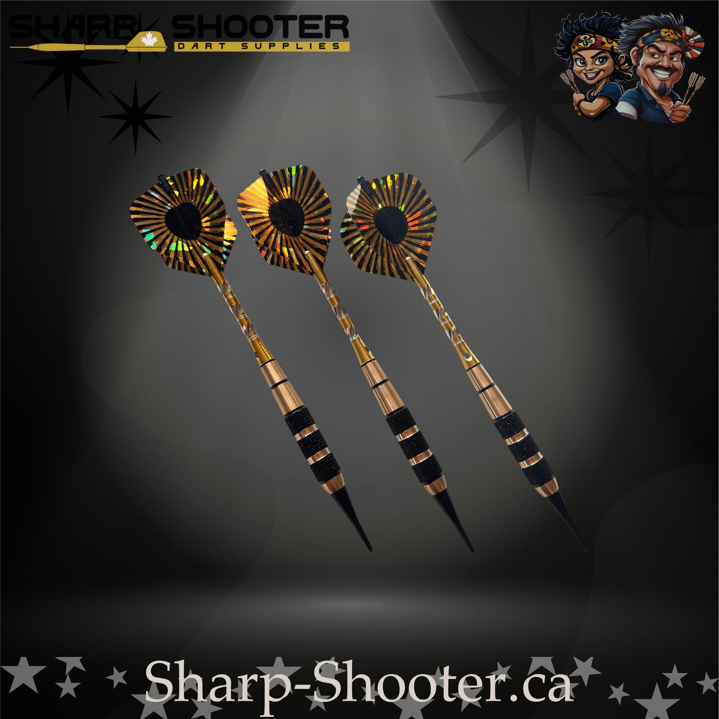 Mercenary soft-tip dart set featuring black plastic tips, gold-and-black textured barrels, and holographic fan-style flights photographed on a dramatic studio backdrop – Sharp Shooter Dart Supplies