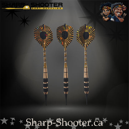Mercenary soft-tip dart set featuring black plastic tips, gold-and-black textured barrels, and holographic fan-style flights photographed on a dramatic studio backdrop – Sharp Shooter Dart Supplies
