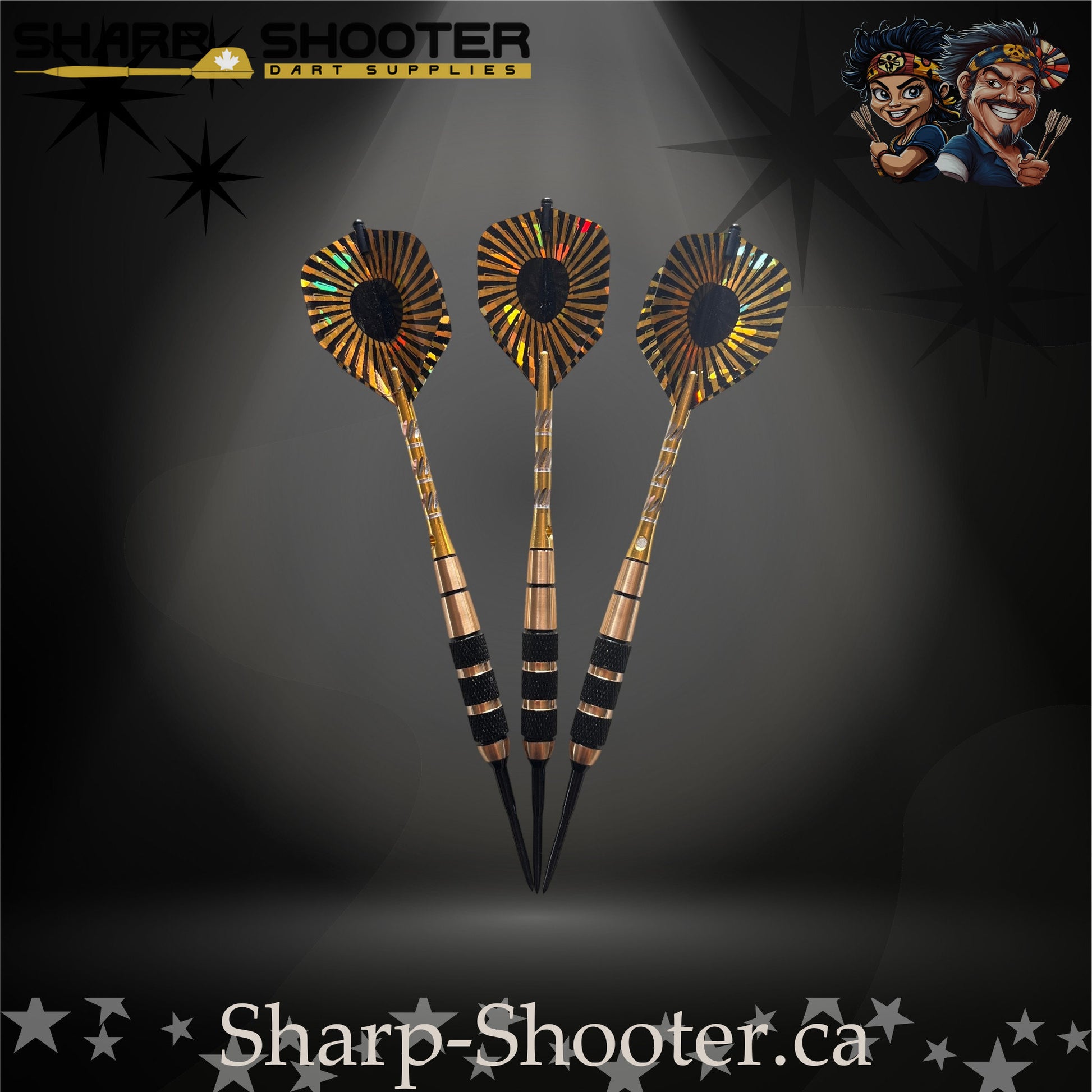 Mercenary steel-tip dart set with gold-and-black ringed barrels and holographic fan-style flights displayed on a dark spotlight background – Sharp Shooter Dart Supplies.