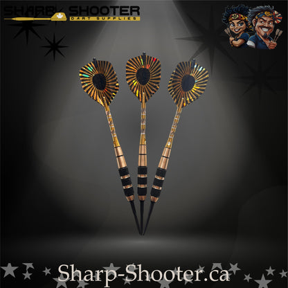 Mercenary steel-tip dart set with gold-and-black ringed barrels and holographic fan-style flights displayed on a dark spotlight background – Sharp Shooter Dart Supplies.