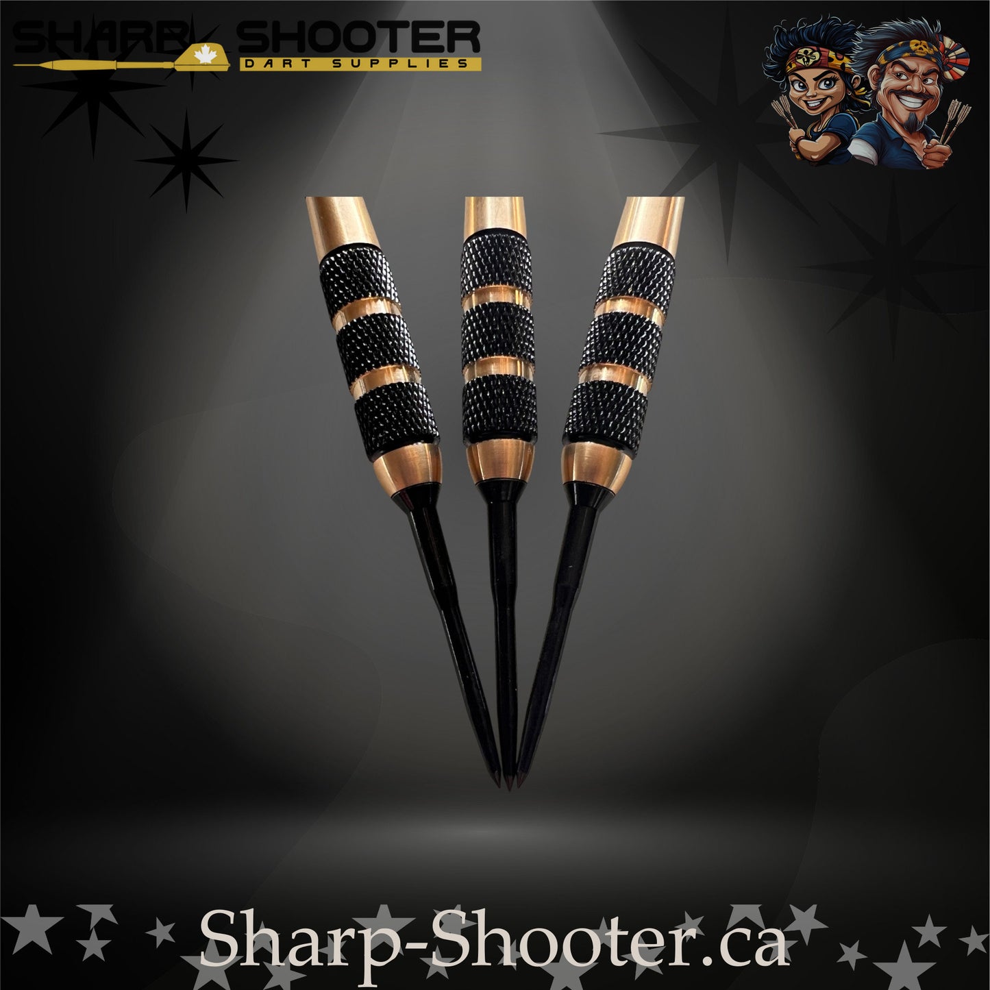 Mercenary steel-tip dart set with gold-and-black ringed barrels and holographic fan-style flights displayed on a dark spotlight background – Sharp Shooter Dart Supplies.