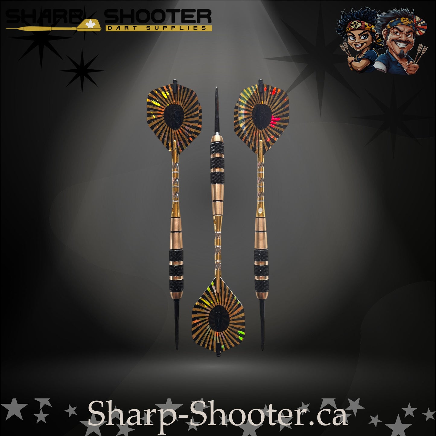 Mercenary steel-tip dart set with gold-and-black ringed barrels and holographic fan-style flights displayed on a dark spotlight background – Sharp Shooter Dart Supplies.