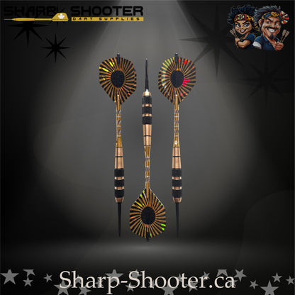 Mercenary steel-tip dart set with gold-and-black ringed barrels and holographic fan-style flights displayed on a dark spotlight background – Sharp Shooter Dart Supplies.