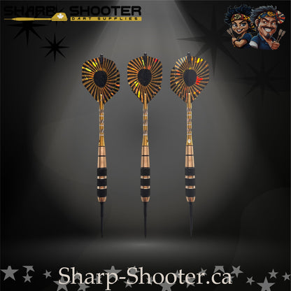 Mercenary steel-tip dart set with gold-and-black ringed barrels and holographic fan-style flights displayed on a dark spotlight background – Sharp Shooter Dart Supplies.