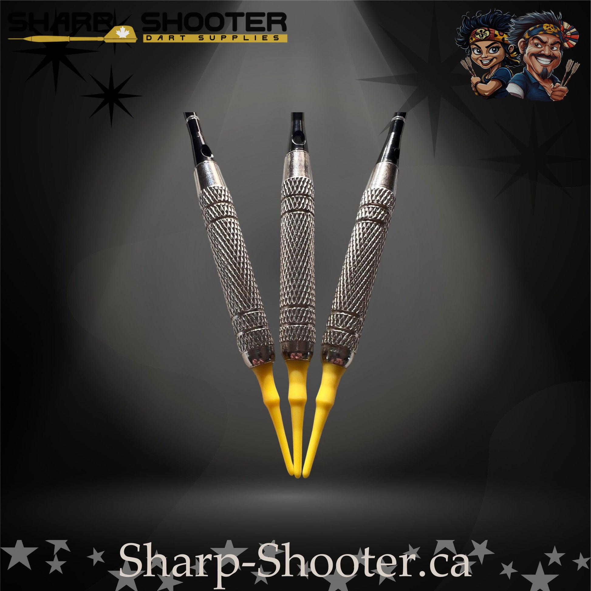 The Wasp soft tip dart set with silver SD14 Equinox barrels, engraved aluminum shafts with O-rings, yellow crossline fade flights, and bright yellow soft tips displayed on a dark studio background