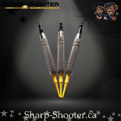 The Wasp soft tip dart set with silver SD14 Equinox barrels, engraved aluminum shafts with O-rings, yellow crossline fade flights, and bright yellow soft tips displayed on a dark studio background