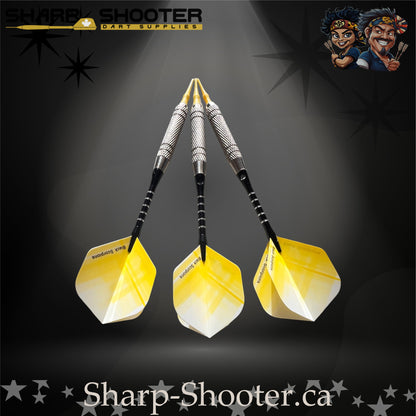 The Wasp soft tip dart set with silver SD14 Equinox barrels, engraved aluminum shafts with O-rings, yellow crossline fade flights, and bright yellow soft tips displayed on a dark studio background