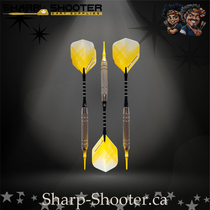 The Wasp soft tip dart set with silver SD14 Equinox barrels, engraved aluminum shafts with O-rings, yellow crossline fade flights, and bright yellow soft tips displayed on a dark studio background