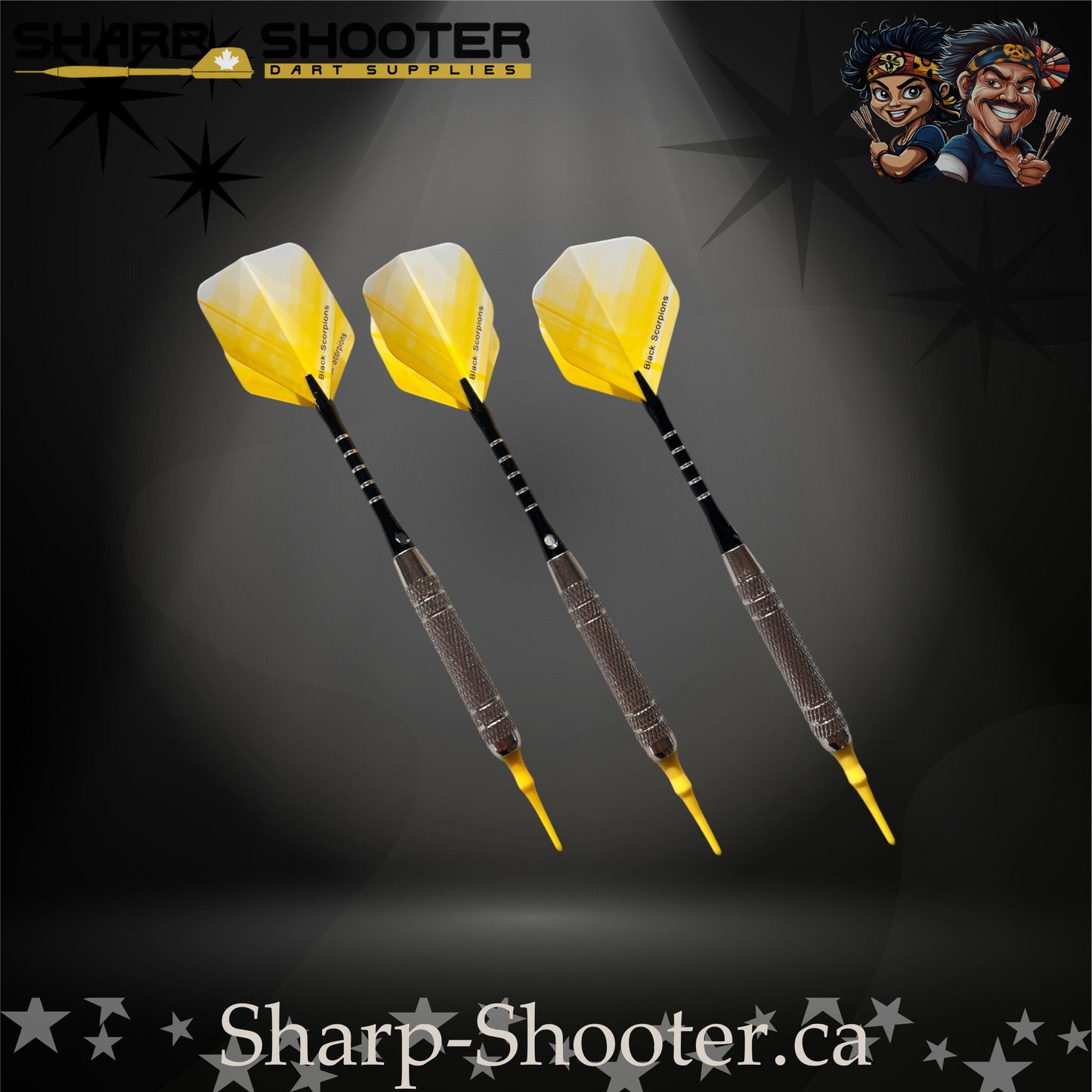 The Wasp soft tip dart set with silver SD14 Equinox barrels, engraved aluminum shafts with O-rings, yellow crossline fade flights, and bright yellow soft tips displayed on a dark studio background