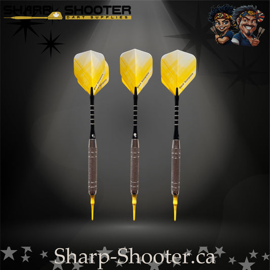 The Wasp soft tip dart set with silver SD14 Equinox barrels, engraved aluminum shafts with O-rings, yellow crossline fade flights, and bright yellow soft tips displayed on a dark studio background