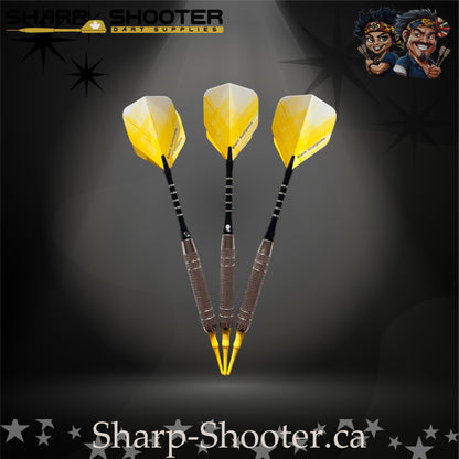 The Wasp soft tip dart set with silver SD14 Equinox barrels, engraved aluminum shafts with O-rings, yellow crossline fade flights, and bright yellow soft tips displayed on a dark studio background