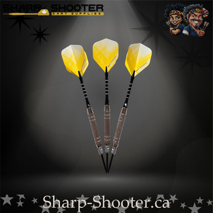 The Wasp-S steel tip dart set with silver SD25 Silverthorne micro barrels, engraved aluminum shafts with O-rings, yellow crossline fade flights, and dual-tone 35mm steel tips against a dark studio background