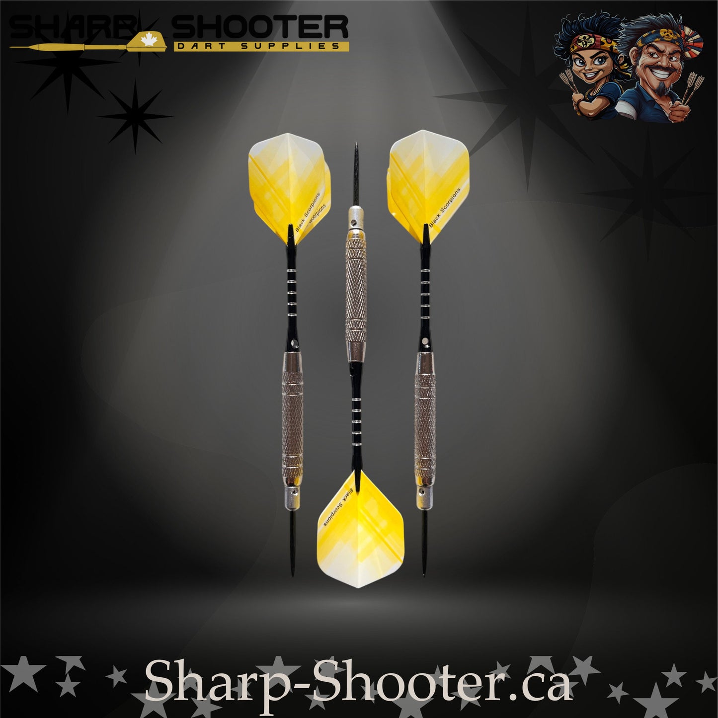 The Wasp-S steel tip dart set with silver SD25 Silverthorne micro barrels, engraved aluminum shafts with O-rings, yellow crossline fade flights, and dual-tone 35mm steel tips against a dark studio background