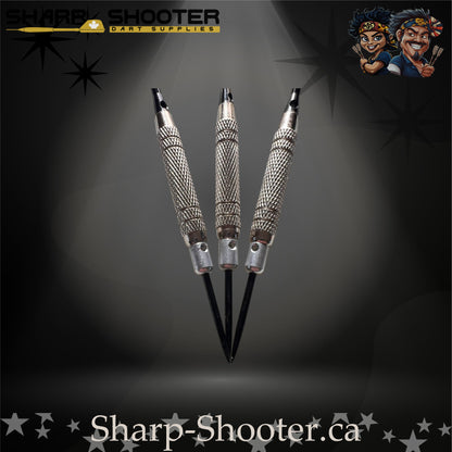 The Wasp-S steel tip dart set with silver SD25 Silverthorne micro barrels, engraved aluminum shafts with O-rings, yellow crossline fade flights, and dual-tone 35mm steel tips against a dark studio background