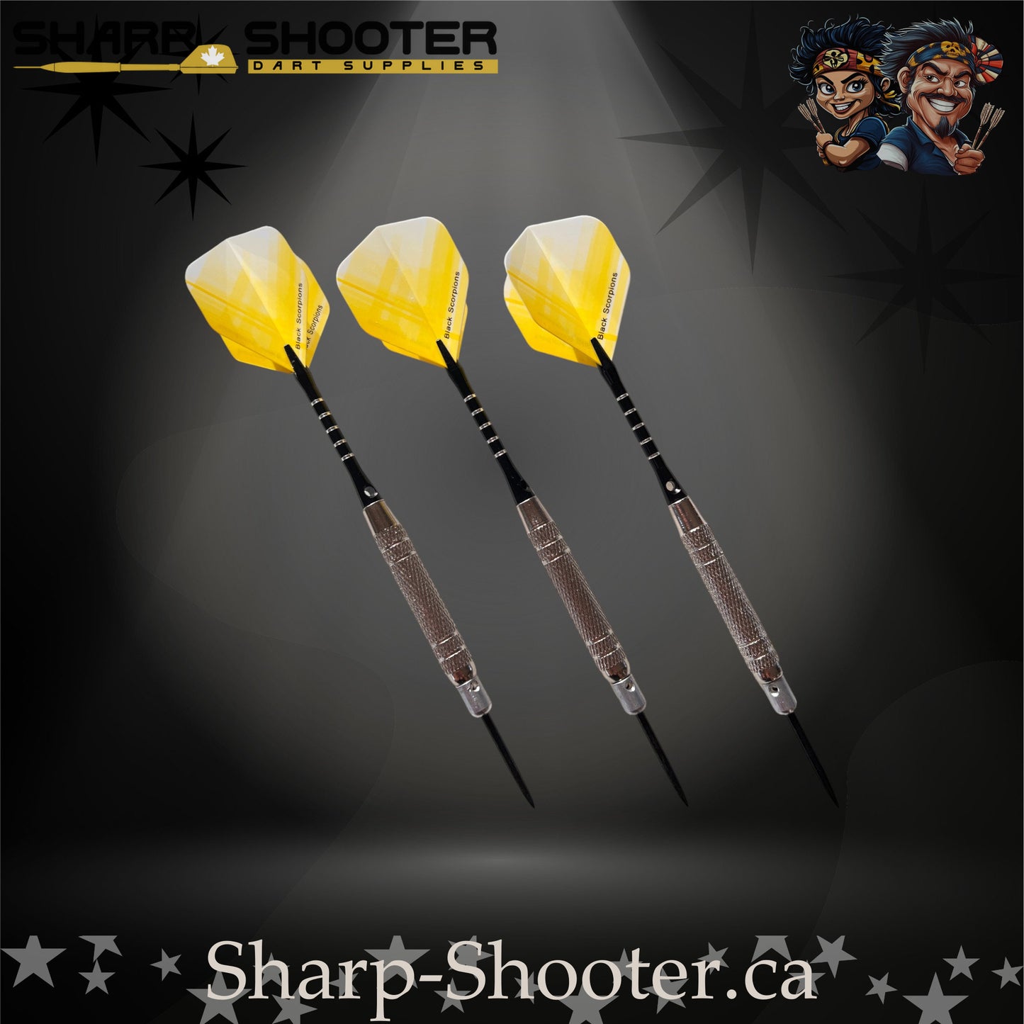 The Wasp-S steel tip dart set with silver SD25 Silverthorne micro barrels, engraved aluminum shafts with O-rings, yellow crossline fade flights, and dual-tone 35mm steel tips against a dark studio background