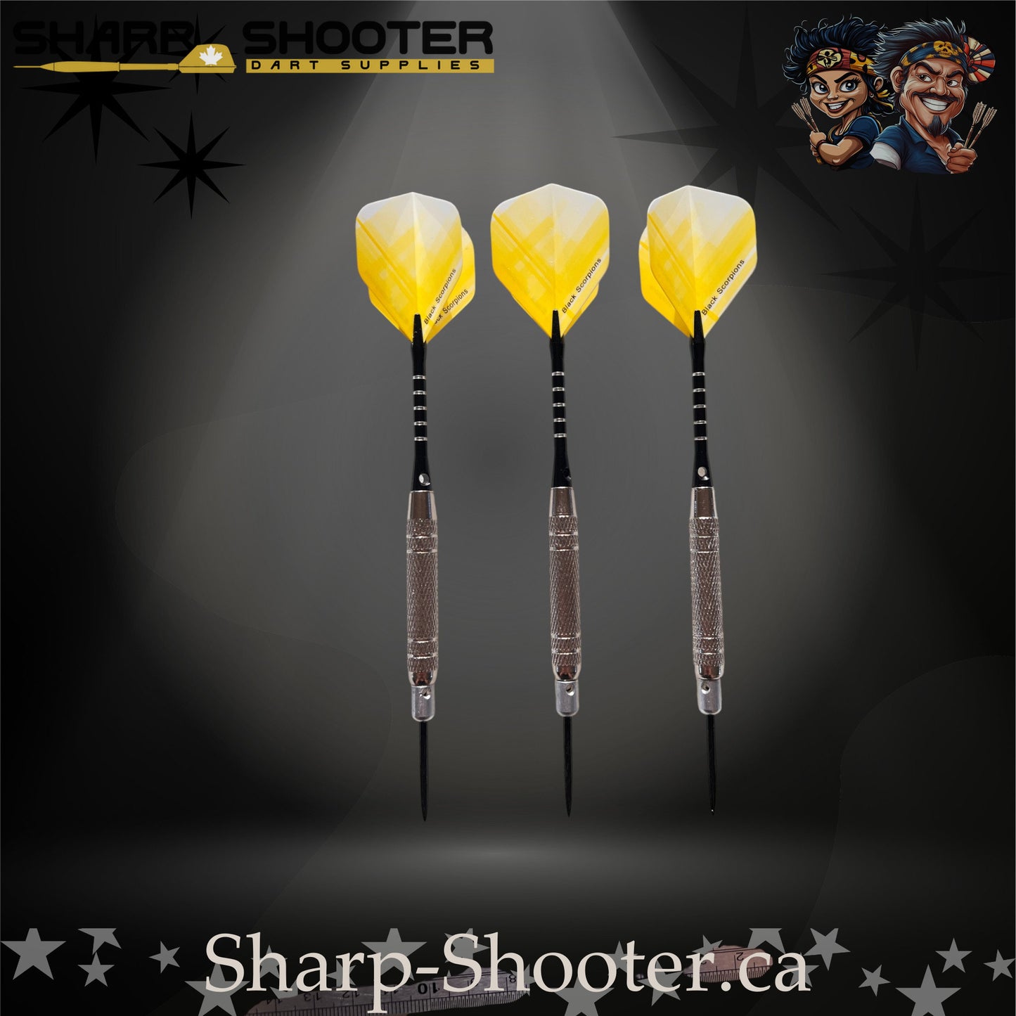 The Wasp-S steel tip dart set with silver SD25 Silverthorne micro barrels, engraved aluminum shafts with O-rings, yellow crossline fade flights, and dual-tone 35mm steel tips against a dark studio background