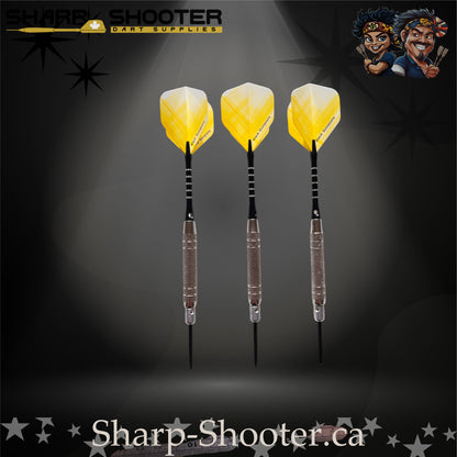 The Wasp-S steel tip dart set with silver SD25 Silverthorne micro barrels, engraved aluminum shafts with O-rings, yellow crossline fade flights, and dual-tone 35mm steel tips against a dark studio background