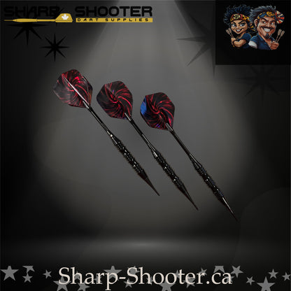 The Wizard soft tip dart set on Sharp Shooter’s professional studio background; showcases a sleek black knurled barrel, straight black aluminum shafts, and striking red-and-black nightfire swirl flights that match the dark aesthetic