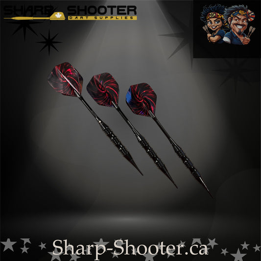 The Wizard soft tip dart set on Sharp Shooter’s professional studio background; showcases a sleek black knurled barrel, straight black aluminum shafts, and striking red-and-black nightfire swirl flights that match the dark aesthetic