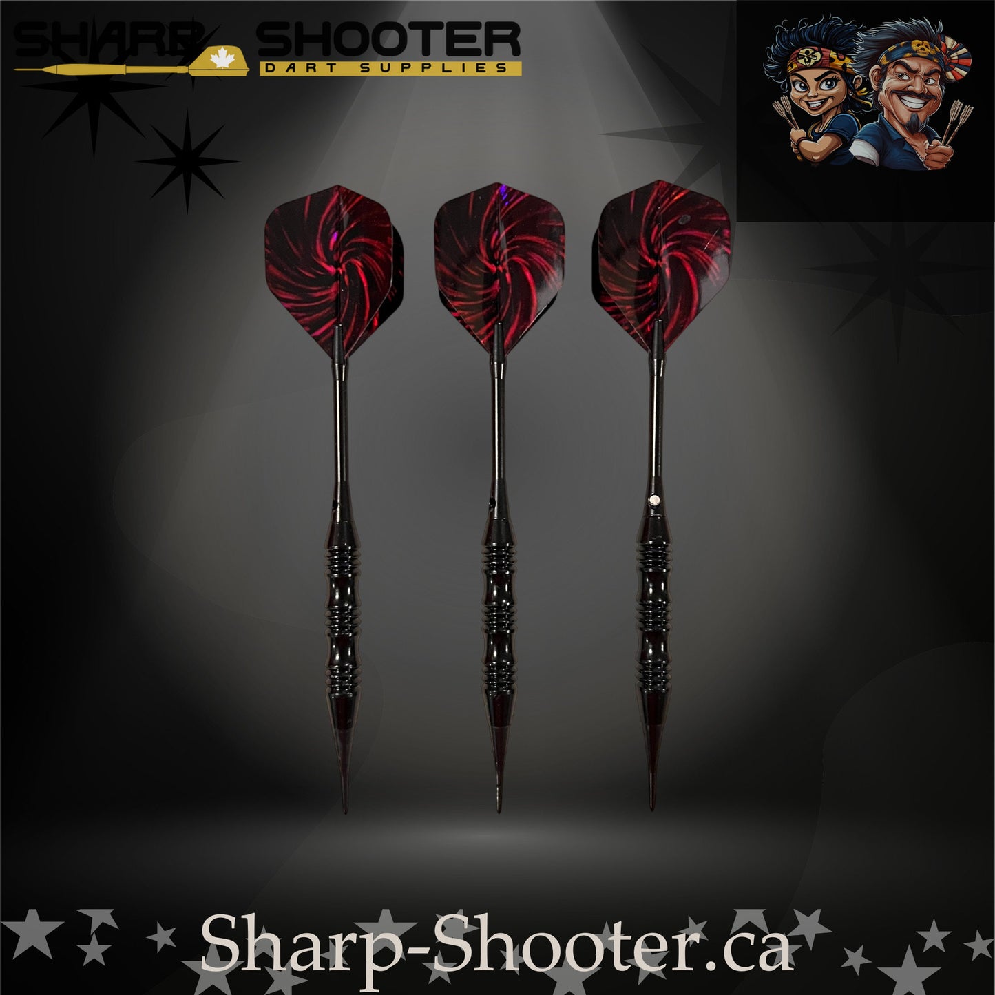 The Wizard soft tip dart set on Sharp Shooter’s professional studio background; showcases a sleek black knurled barrel, straight black aluminum shafts, and striking red-and-black nightfire swirl flights that match the dark aesthetic