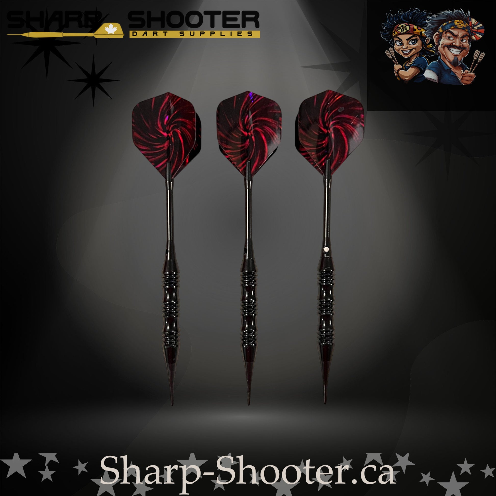 The Wizard soft tip dart set on Sharp Shooter’s professional studio background; showcases a sleek black knurled barrel, straight black aluminum shafts, and striking red-and-black nightfire swirl flights that match the dark aesthetic