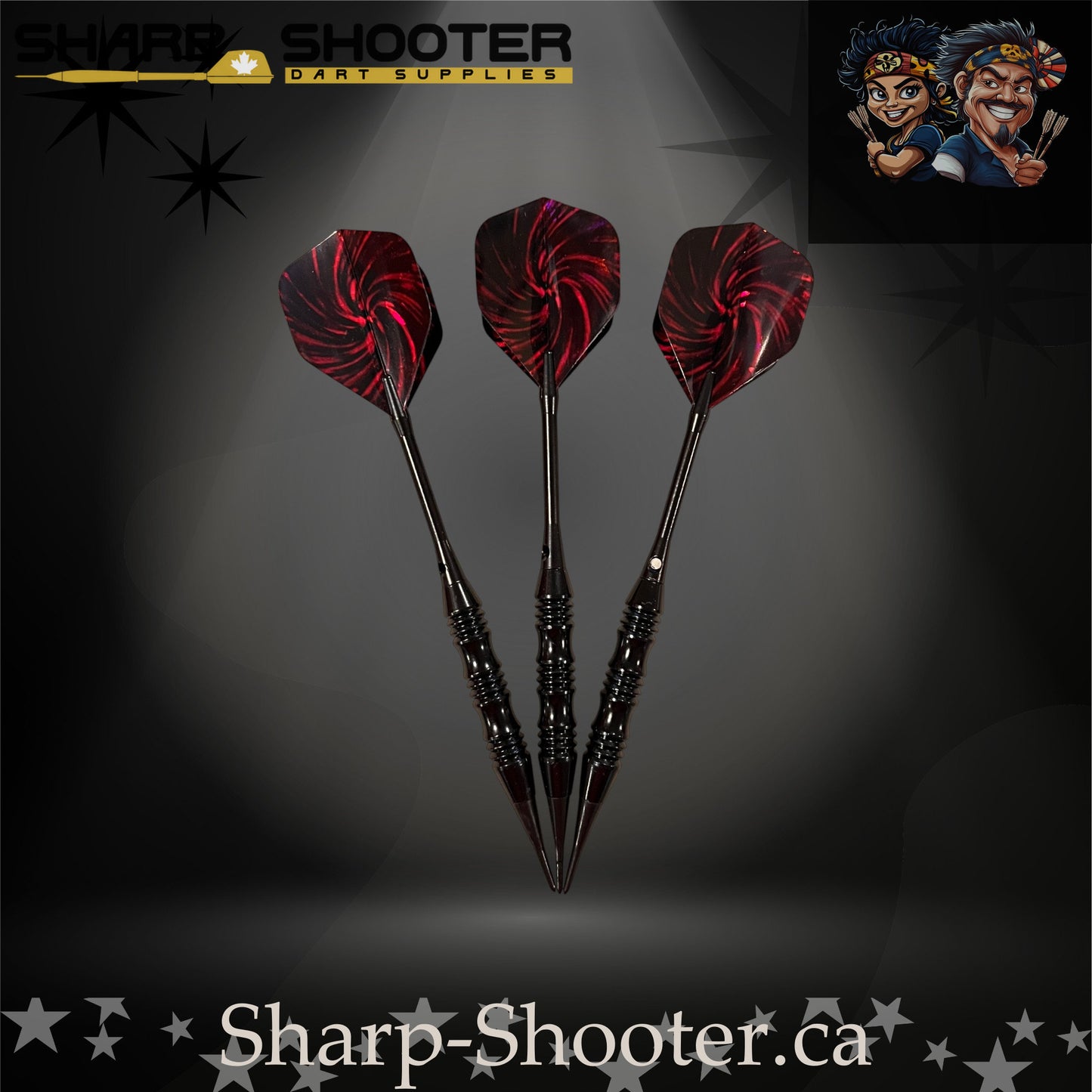 The Wizard soft tip dart set on Sharp Shooter’s professional studio background; showcases a sleek black knurled barrel, straight black aluminum shafts, and striking red-and-black nightfire swirl flights that match the dark aesthetic
