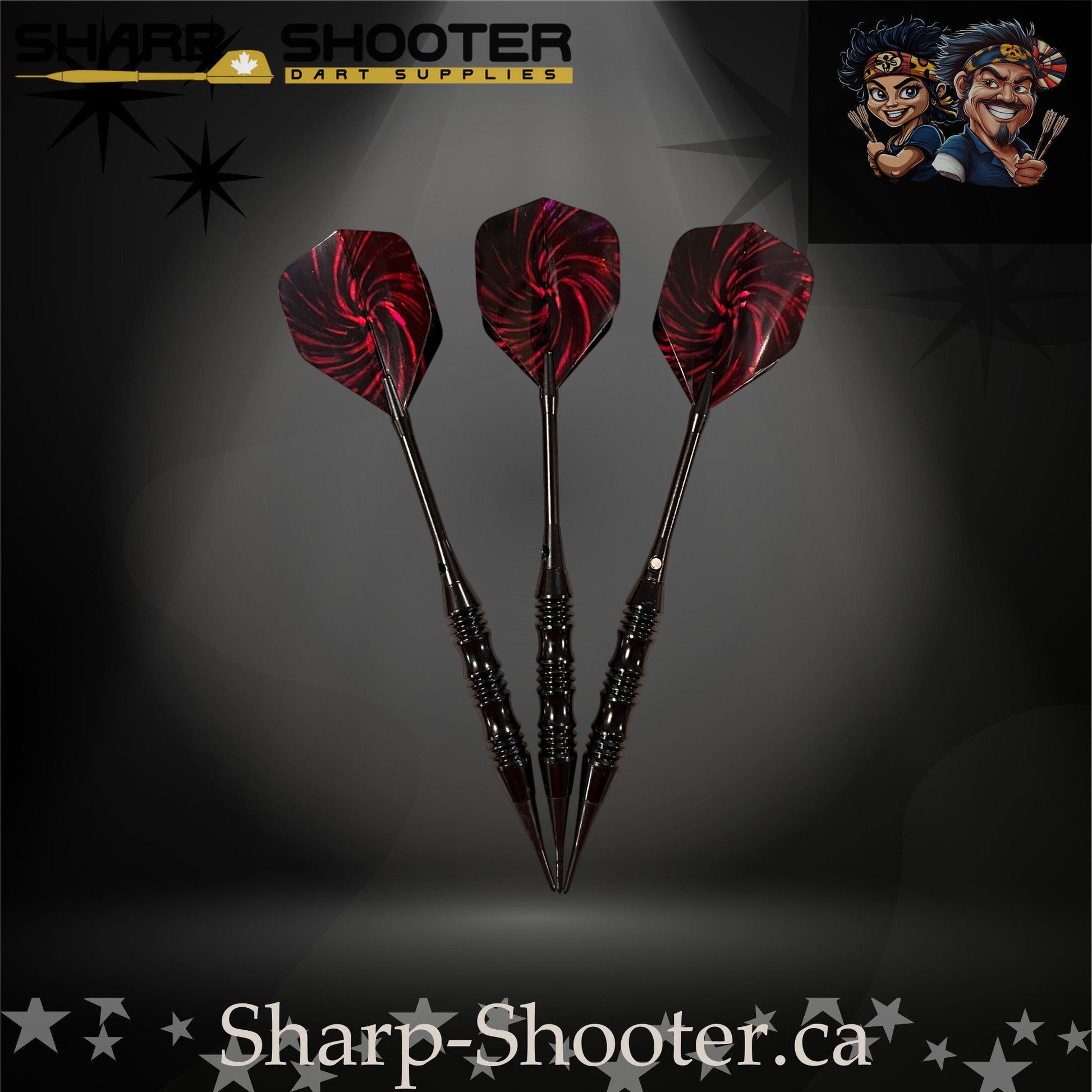 The Wizard soft tip dart set on Sharp Shooter’s professional studio background; showcases a sleek black knurled barrel, straight black aluminum shafts, and striking red-and-black nightfire swirl flights that match the dark aesthetic