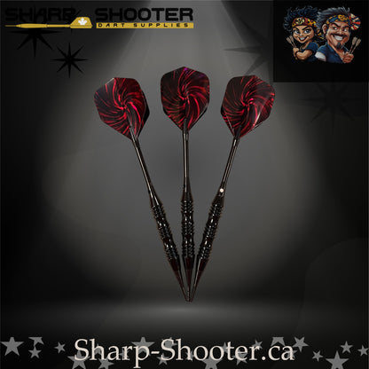 The Wizard soft tip dart set on Sharp Shooter’s professional studio background; showcases a sleek black knurled barrel, straight black aluminum shafts, and striking red-and-black nightfire swirl flights that match the dark aesthetic