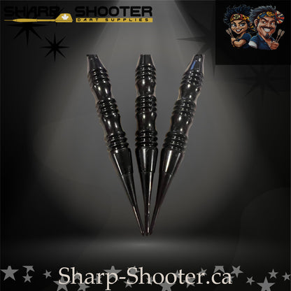 The Wizard soft tip dart set on Sharp Shooter’s professional studio background; showcases a sleek black knurled barrel, straight black aluminum shafts, and striking red-and-black nightfire swirl flights that match the dark aesthetic