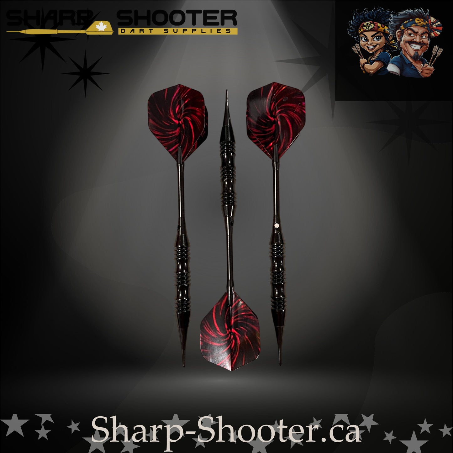 The Wizard soft tip dart set on Sharp Shooter’s professional studio background; showcases a sleek black knurled barrel, straight black aluminum shafts, and striking red-and-black nightfire swirl flights that match the dark aesthetic