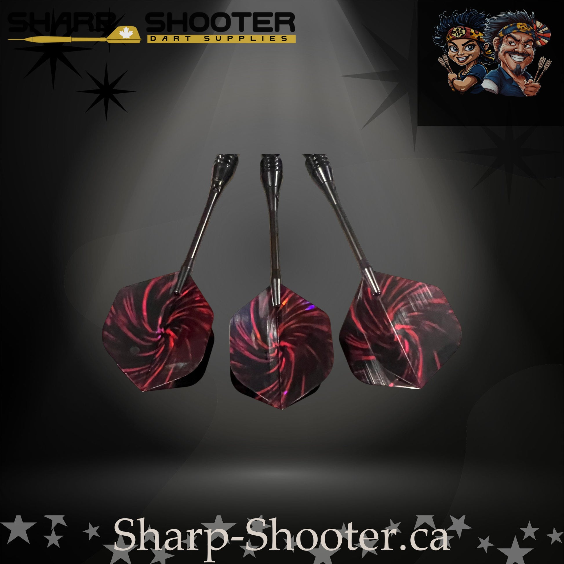 The Wizard soft tip dart set on Sharp Shooter’s professional studio background; showcases a sleek black knurled barrel, straight black aluminum shafts, and striking red-and-black nightfire swirl flights that match the dark aesthetic