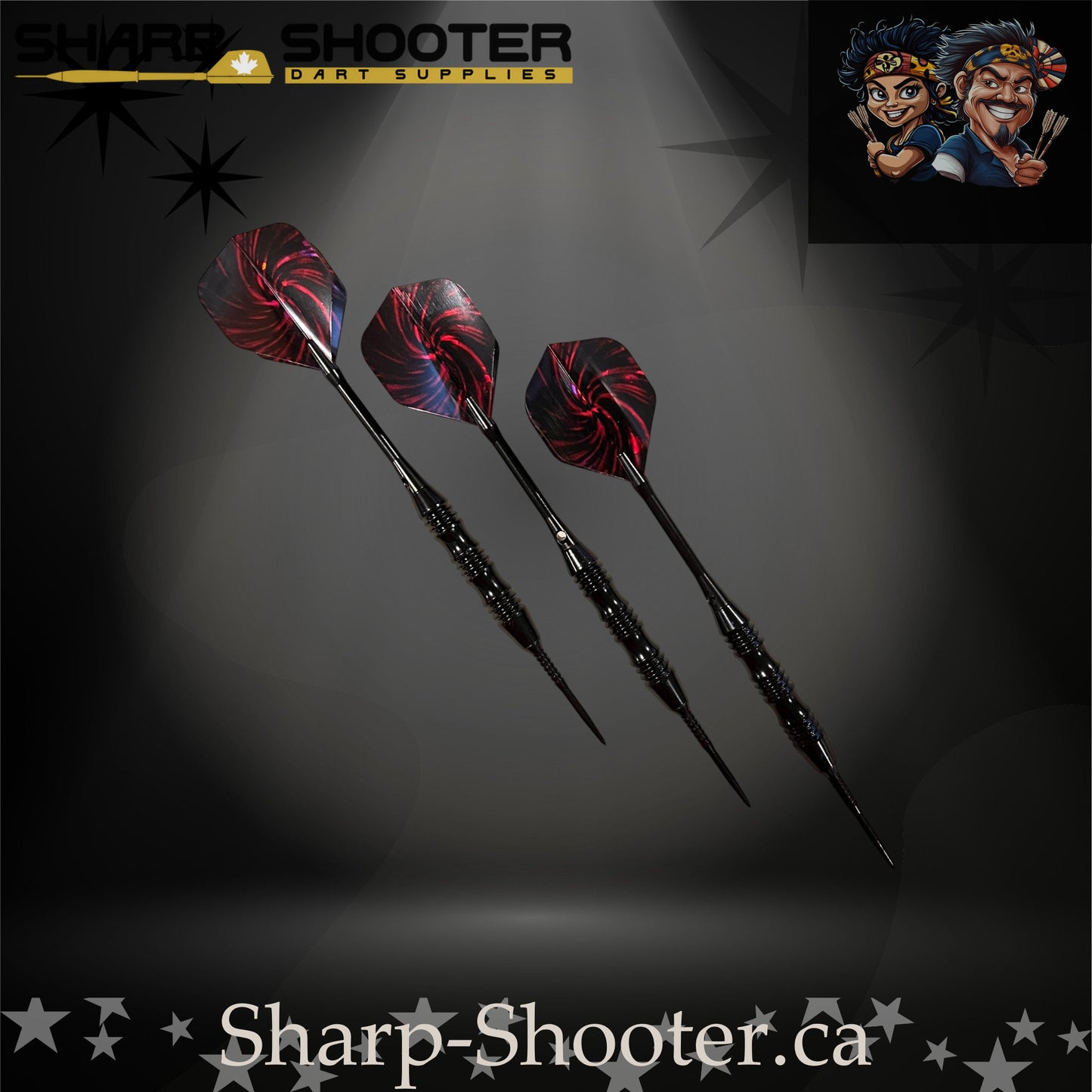 The Wizard steel tip dart set displayed on Sharp Shooter’s signature dark studio backdrop; features a black, aggressively-knurled barrel with deep grip cuts, paired with straight black aluminum shafts and red-and-black nightfire swirl flights.