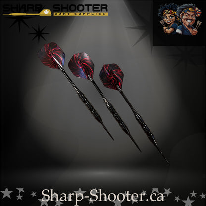 The Wizard steel tip dart set displayed on Sharp Shooter’s signature dark studio backdrop; features a black, aggressively-knurled barrel with deep grip cuts, paired with straight black aluminum shafts and red-and-black nightfire swirl flights.