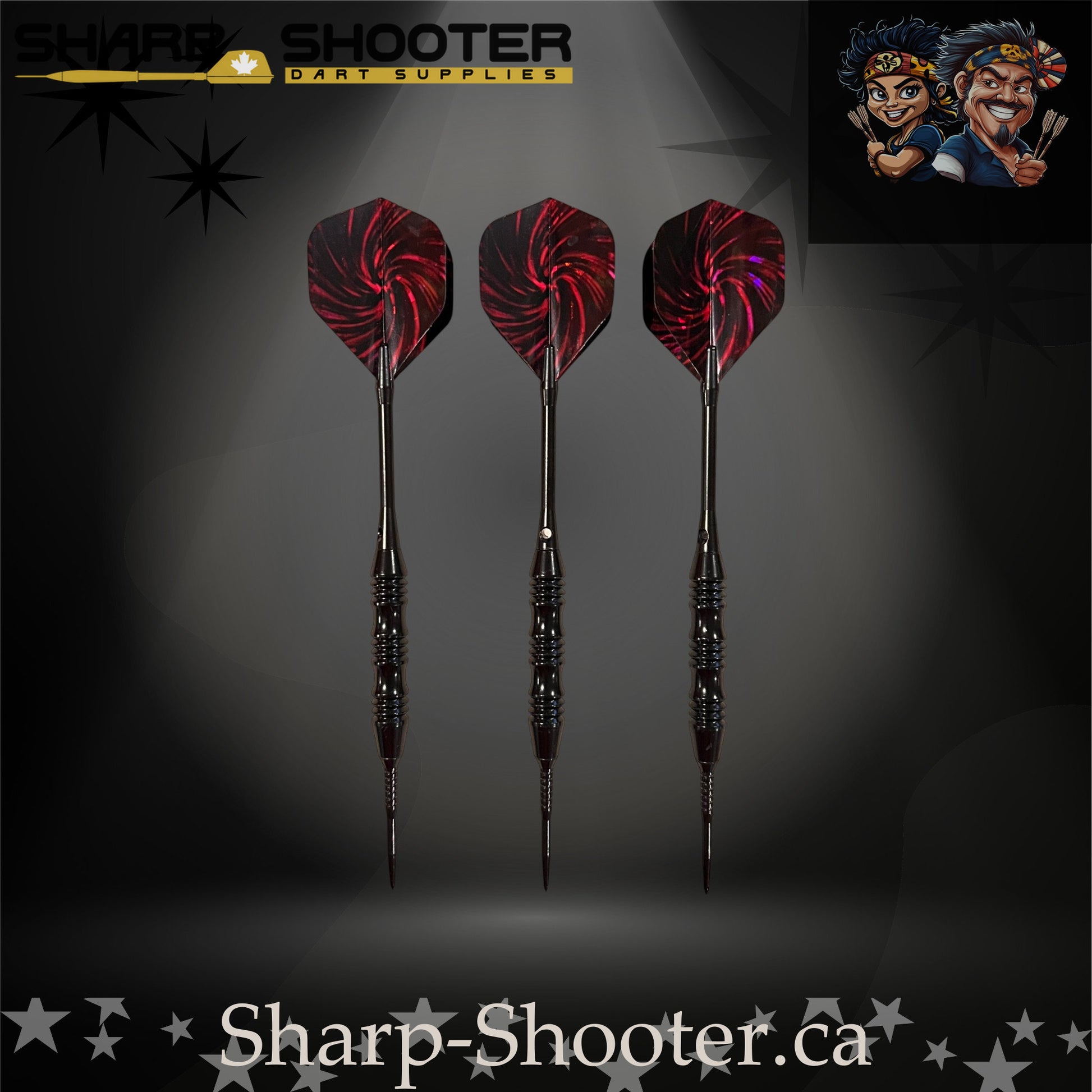 The Wizard steel tip dart set displayed on Sharp Shooter’s signature dark studio backdrop; features a black, aggressively-knurled barrel with deep grip cuts, paired with straight black aluminum shafts and red-and-black nightfire swirl flights.