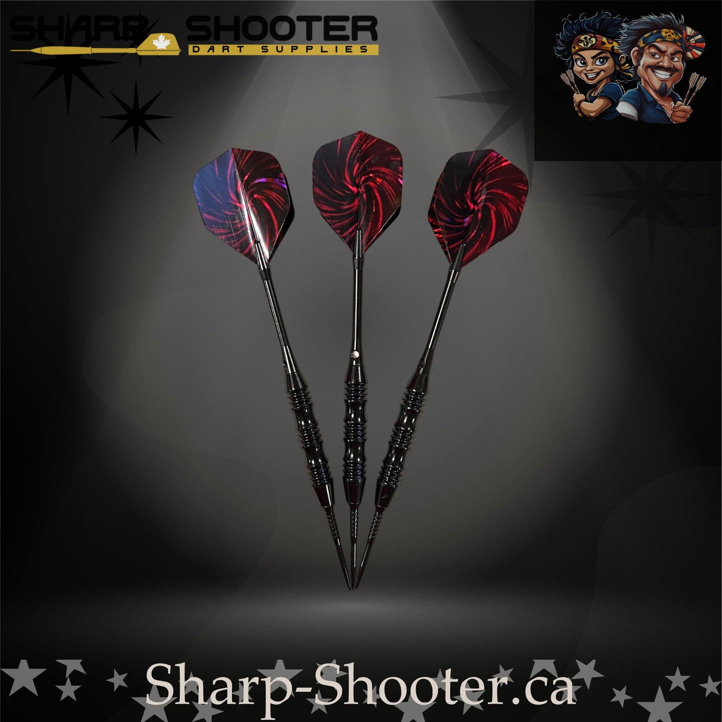 The Wizard steel tip dart set displayed on Sharp Shooter’s signature dark studio backdrop; features a black, aggressively-knurled barrel with deep grip cuts, paired with straight black aluminum shafts and red-and-black nightfire swirl flights.