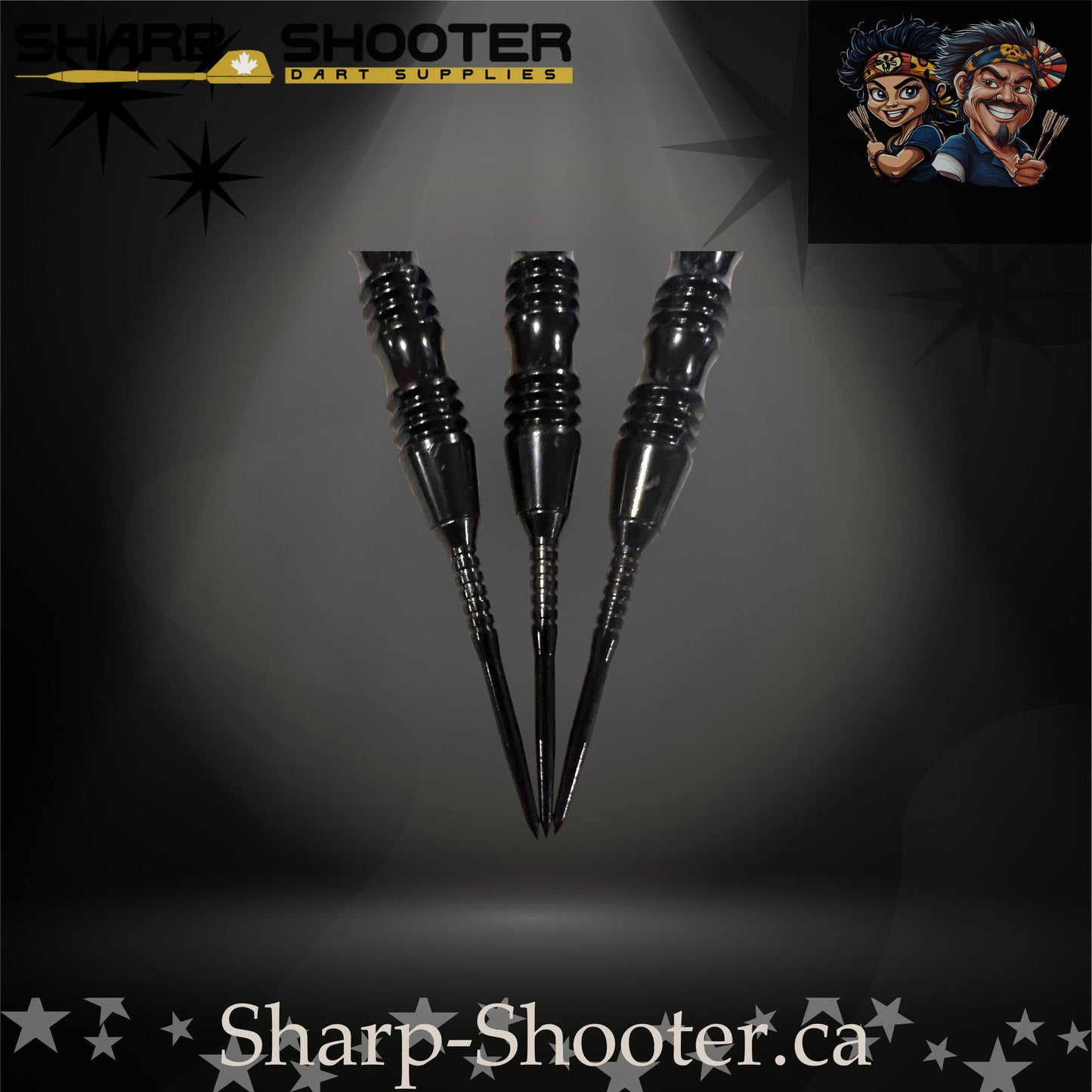 The Wizard steel tip dart set displayed on Sharp Shooter’s signature dark studio backdrop; features a black, aggressively-knurled barrel with deep grip cuts, paired with straight black aluminum shafts and red-and-black nightfire swirl flights.