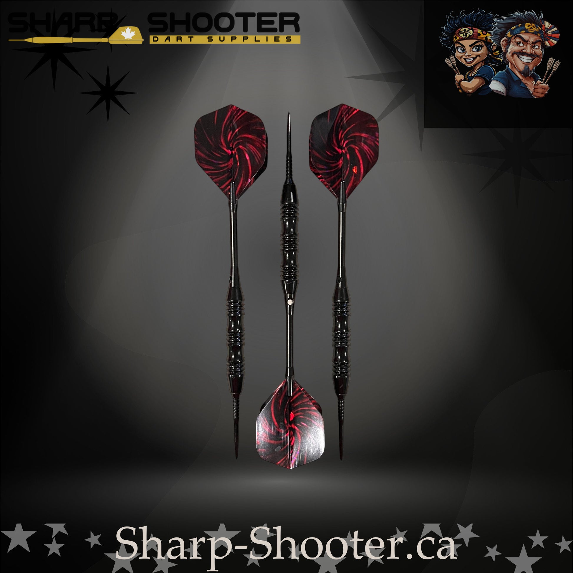 The Wizard steel tip dart set displayed on Sharp Shooter’s signature dark studio backdrop; features a black, aggressively-knurled barrel with deep grip cuts, paired with straight black aluminum shafts and red-and-black nightfire swirl flights.